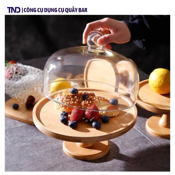 Khay Gỗ Đựng Bánh Có Đế Kèm Nắp Thủy Tinh