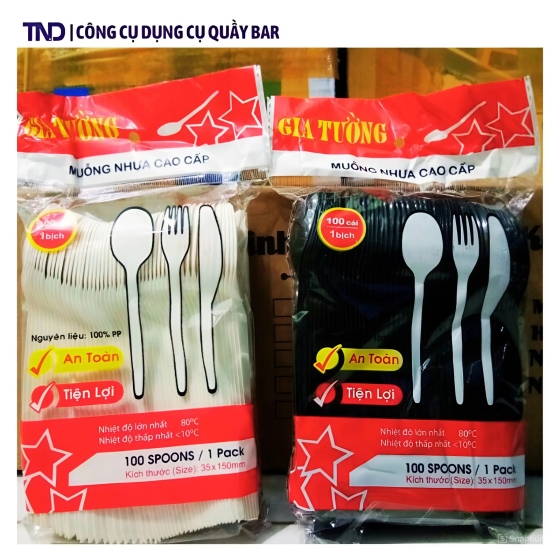 Muỗng Nhựa Take-away Dài 15cm Trắng/Đen