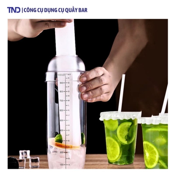 Bộ Bình Lắc Nhựa 4 Mảnh 700ml, 1000ml kèm Chày Nhựa Giã Chanh và Đế Lót Cao Su Cao Cấp